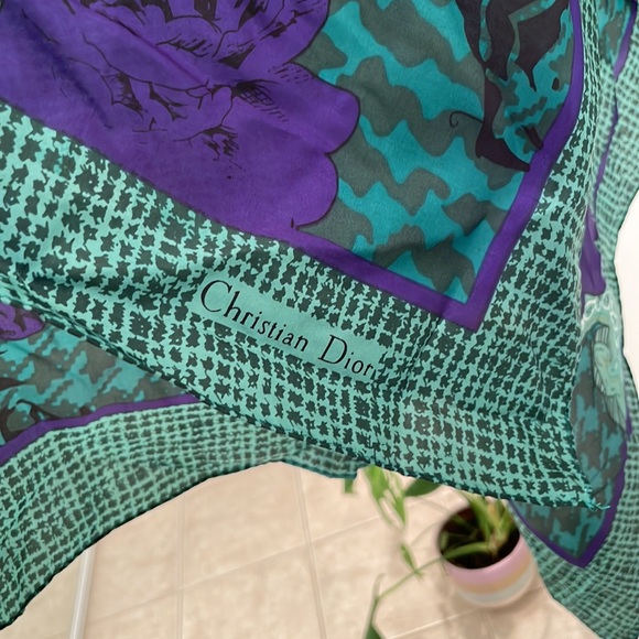 CHRISTIAN DIOR 100% silk square scarf greens/blues/purple/paisley/b+w+swirlydoos - Picture 12 of 15